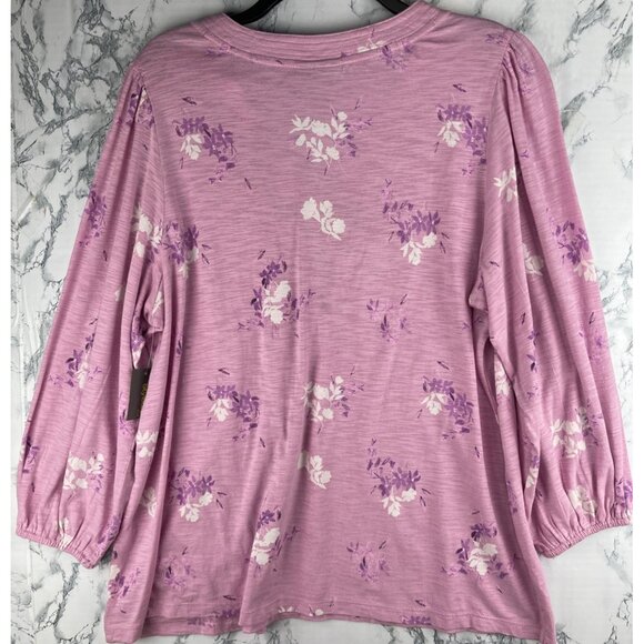 Style & Co. Womens Size OX Millie Pink Knit Top Floral V-Neck 3/4 Sleeve - Picture 2 of 9